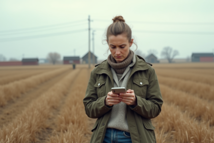 Femme rurale regardant son smartphone dans un champ