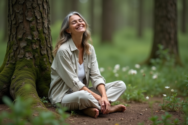 Femme assise en forêt avec sourire serein et vêtements en lin