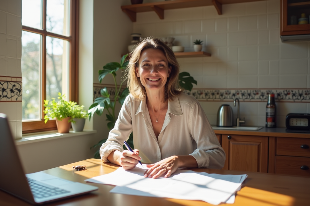 Femme signant des papiers immobiliers dans une cuisine ensoleillee