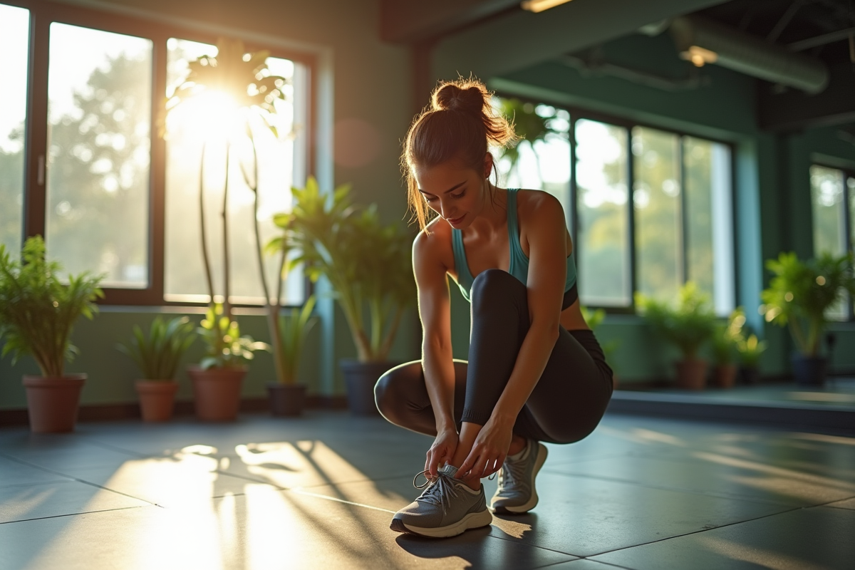 Femme en tenue de sport se préparant dans une salle lumineuse