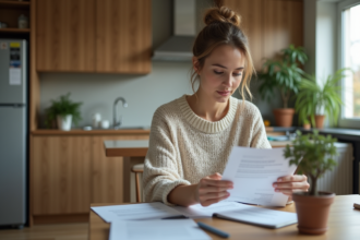 Femme assise à la cuisine avec papiers et ordinateur