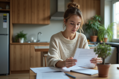 Femme assise à la cuisine avec papiers et ordinateur