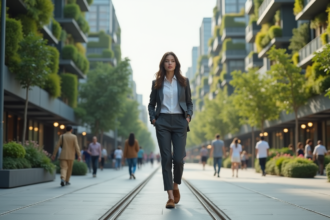 Jeune femme en veste urbaine dans une ville verte et moderne