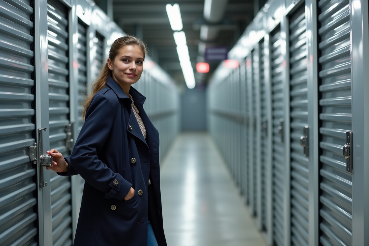 Jeune femme déverrouillant un espace de stockage moderne