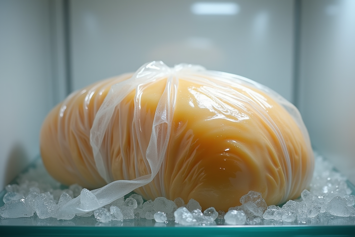 Foie gras entier emballé dans film plastique dans un congélateur
