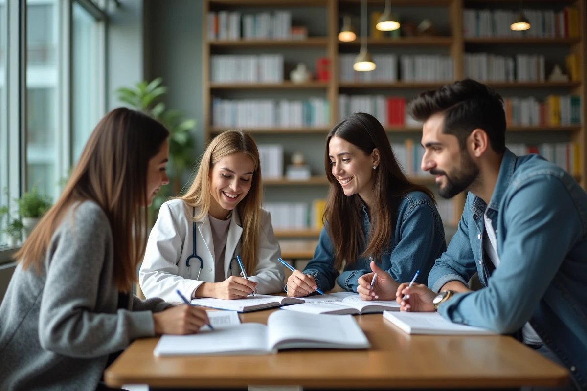 Groupe d etudiants medecins en train d etudier dans une library moderne