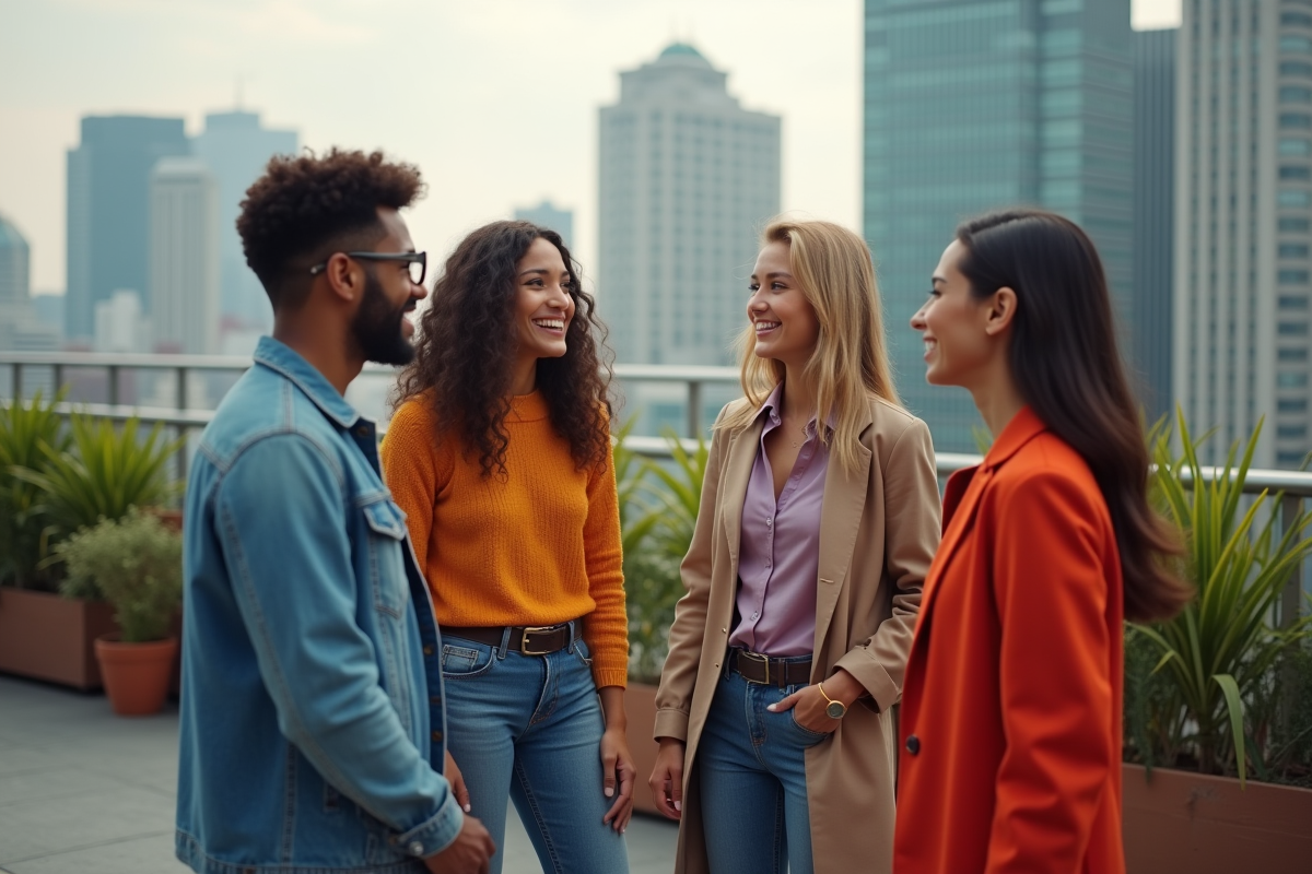 Groupe de jeunes adultes mode sur un rooftop urbain