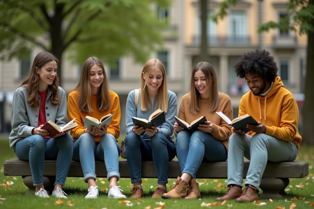 Jeunes lisant de la poésie dans un parc urbain