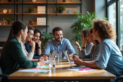 Groupe de professionnels en réunion collaborative en bureau moderne