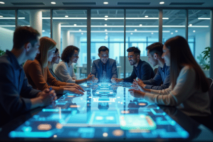 Groupe de jeunes autour d'une table futuriste avec écrans interactifs