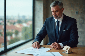 Homme d affaires en costume dans un bureau moderne avec documents immobiliers