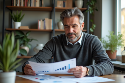 Homme d'âge moyen analysant des graphiques financiers dans un bureau lumineux