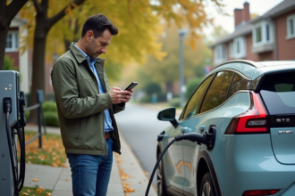 Homme d'âge moyen vérifiant son téléphone près d'une voiture électrique