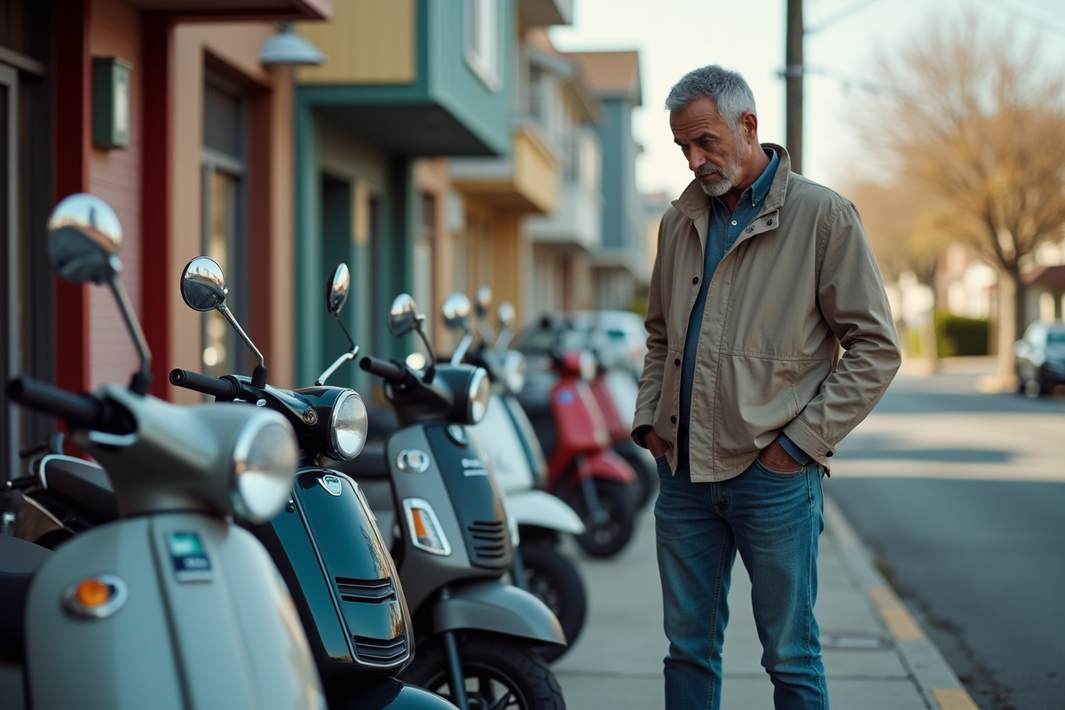 Homme discutant prix de scooters devant concessionnaire