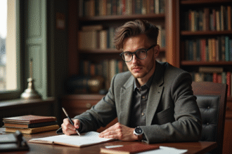 Homme pensif en tweed dans un bureau parisien ancien