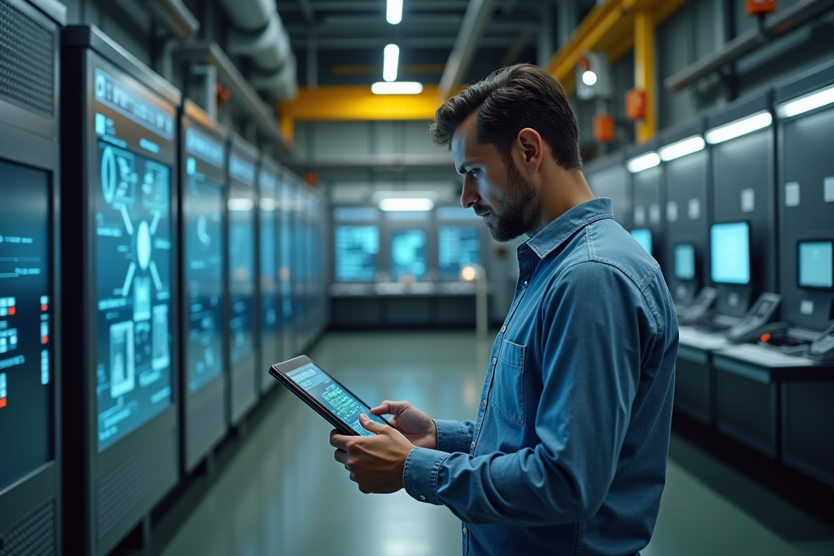 Homme en usine utilisant une tablette pour contrôler IoT