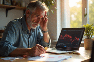 Homme inquiet examine documents financiers au matin