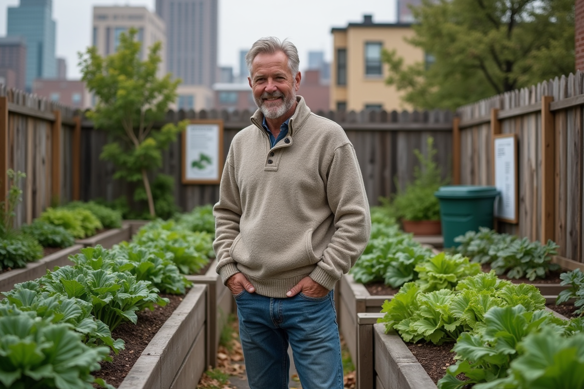 Homme dans un jardin urbain cultivant des légumes