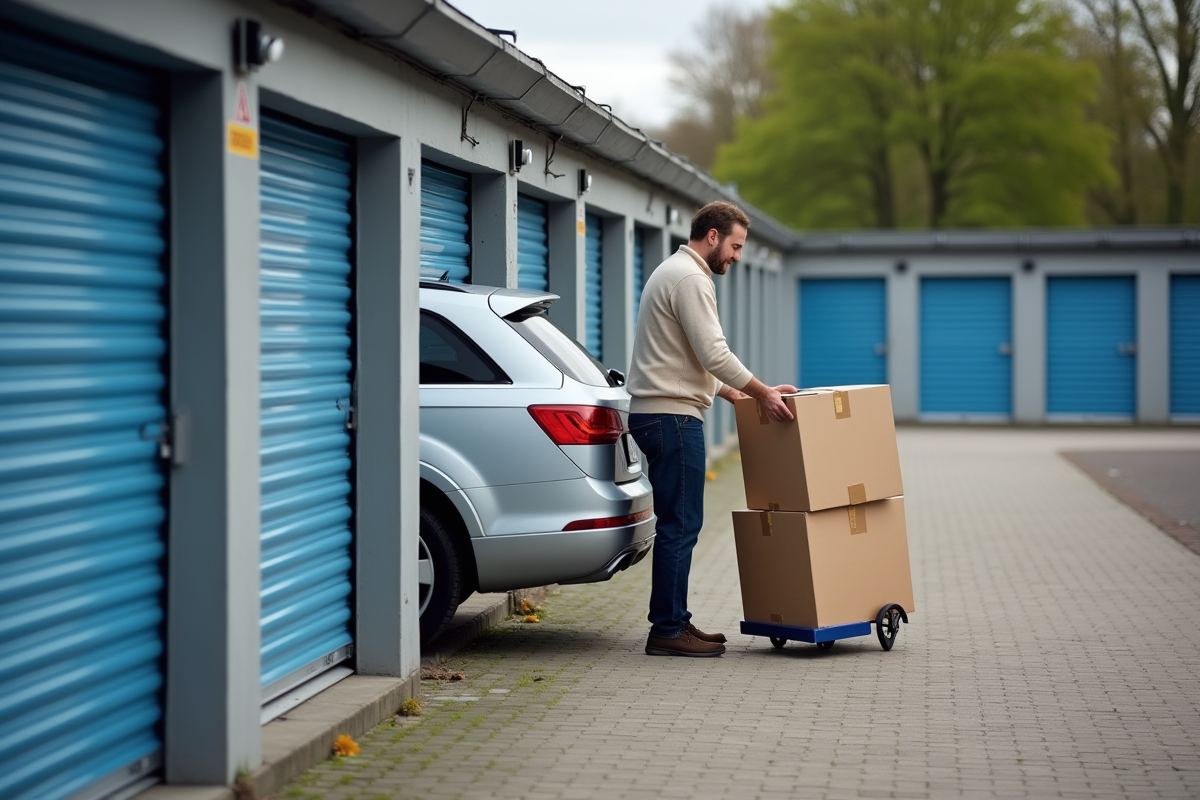 Homme chargeant des cartons dans un parking de stockage extérieur