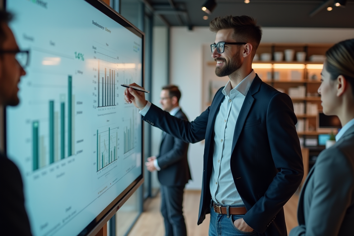 Homme présentant une visualisation de données à une equipe