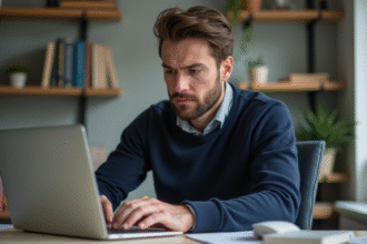 Homme pensif au bureau avec ordinateur portable