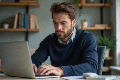 Homme pensif au bureau avec ordinateur portable