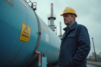 Ingénieur homme en veste de travail et casque à côté d'un réservoir d'hydrogène industriel
