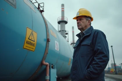 Ingénieur homme en veste de travail et casque à côté d'un réservoir d'hydrogène industriel
