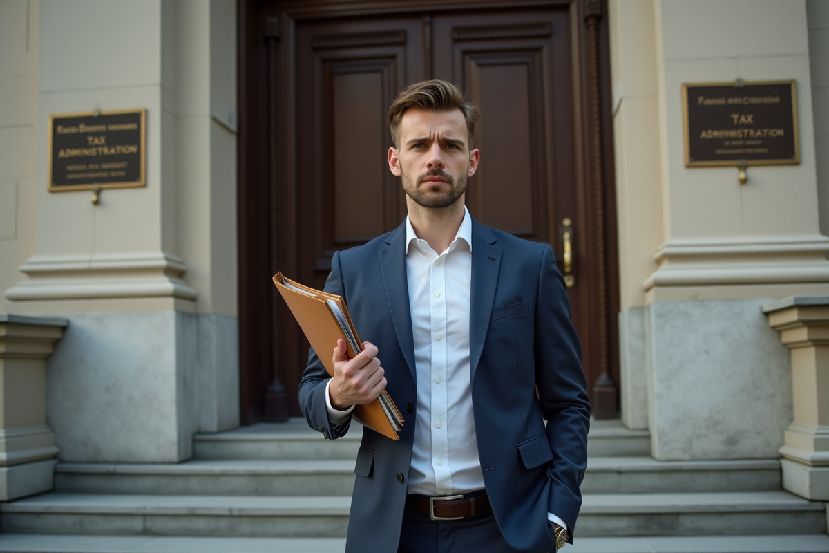 Jeune inspecteur fiscal devant le bâtiment de l