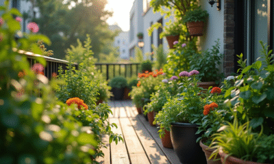 Petit jardin de balcon urbain avec plantes et fleurs colorées