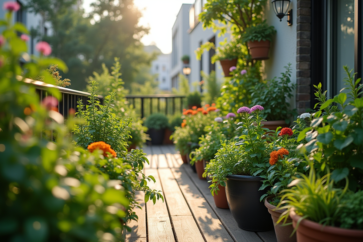 Petit jardin de balcon urbain avec plantes et fleurs colorées