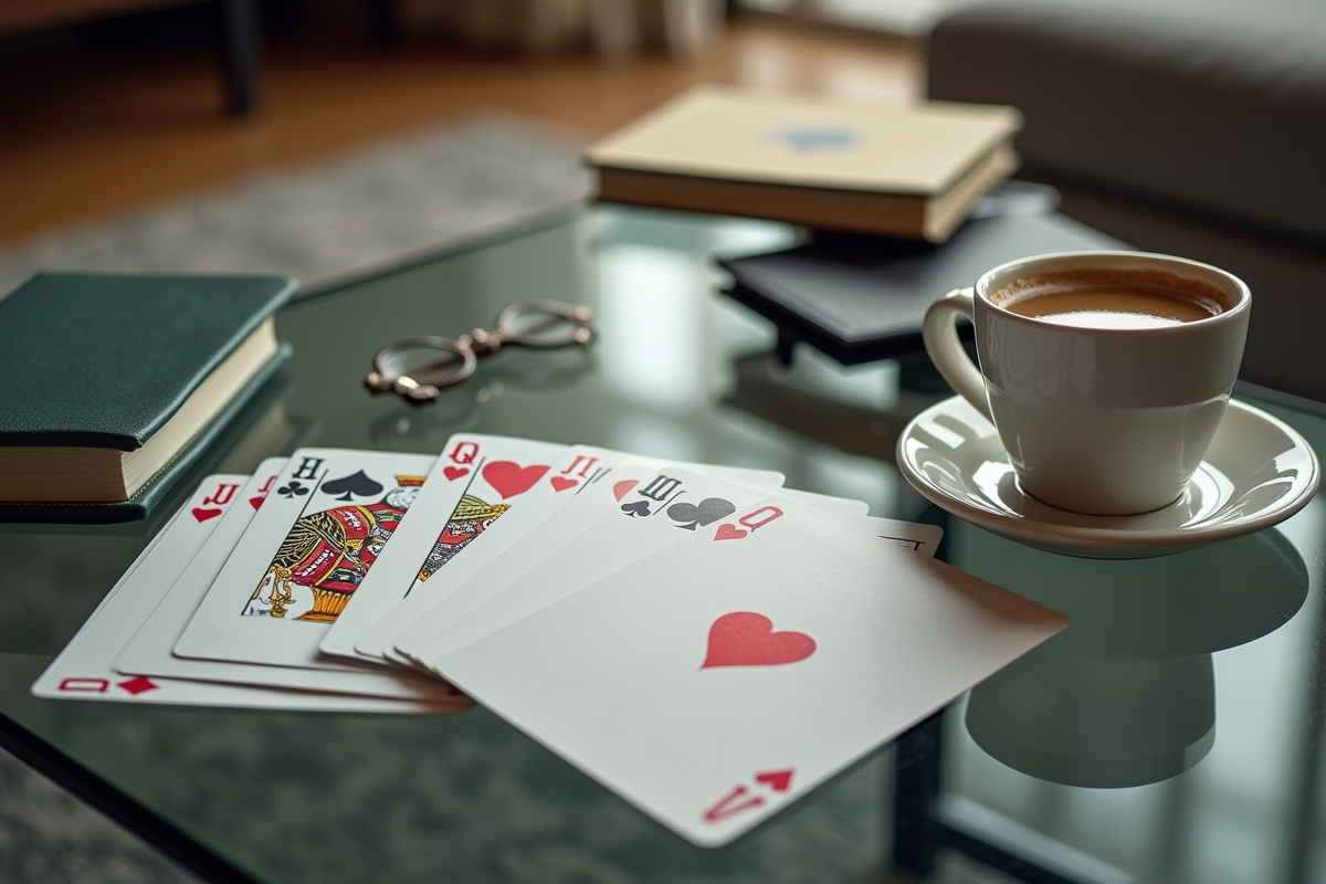 Jeu de cartes étalé sur une table moderne avec carnet et café
