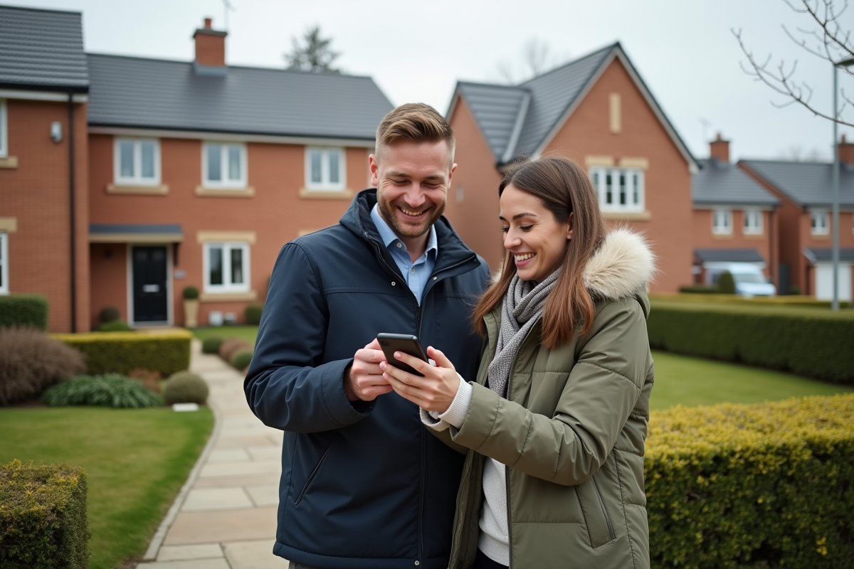 Jeune couple souriant devant une maison en discutant avec un smartphone