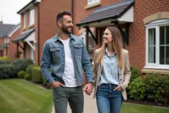 Jeune couple souriant devant leur maison neuve