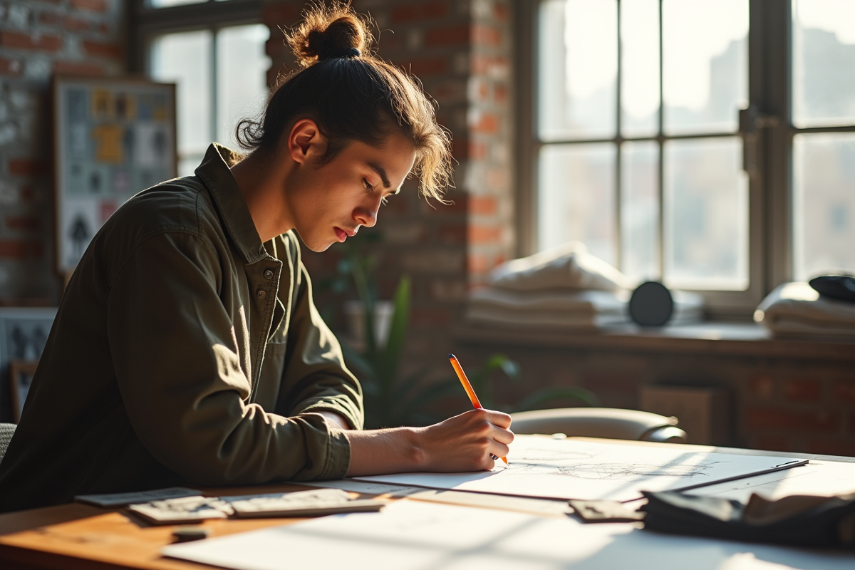 Jeune créateur en streetwear esquissant dans son atelier lumineux