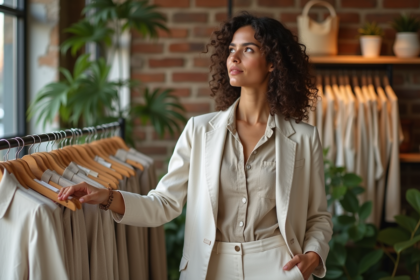 Jeune femme en boutique écologique regardant un vêtement