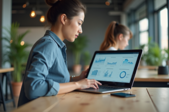 Jeune femme en coworking surveillant un tableau digital