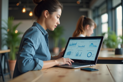 Jeune femme en coworking surveillant un tableau digital