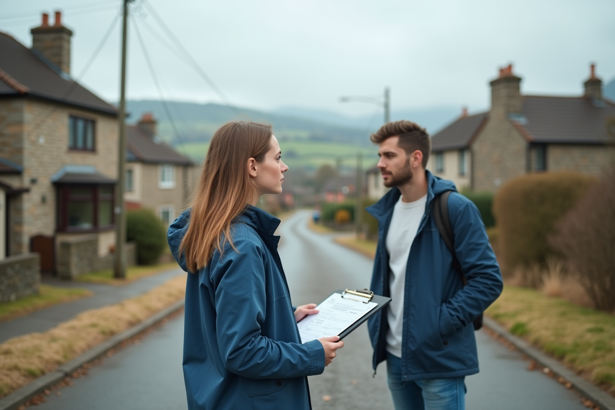 Jeune femme étudie une maison dans une rue résidentielle