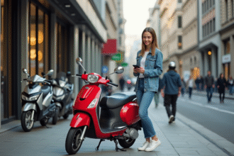 Jeune femme souriante avec scooter rouge en ville