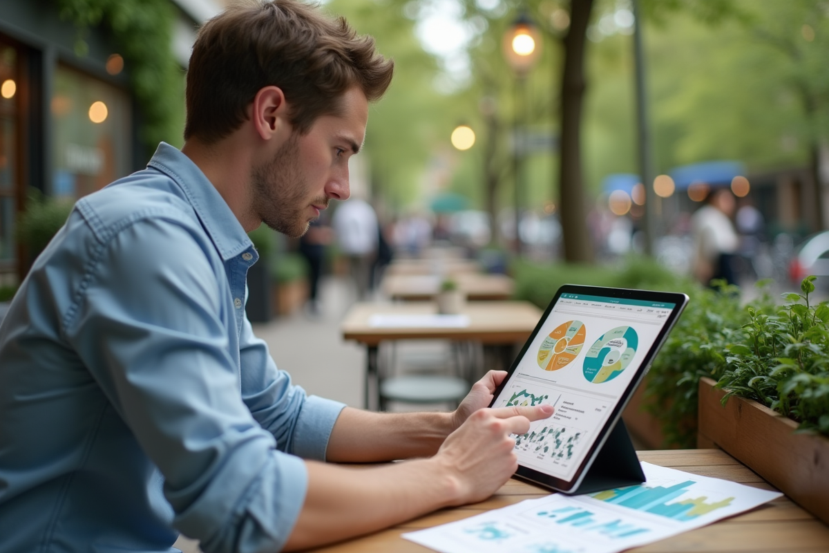 Jeune homme vérifiant un diagramme sur une tablette en terrasse