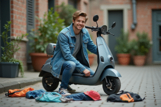 Jeune homme souriant appliquant un decal sur scooter Dax