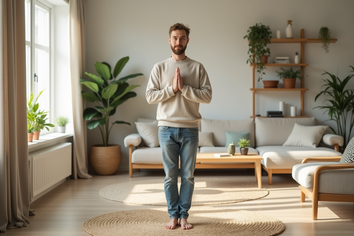 Jeune homme en yoga dans un salon lumineux et moderne