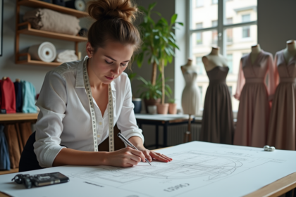 Jeune technicienne mode dessinant des créations dans un studio créatif