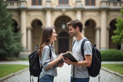 Jeune femme et homme souriants devant une universite europeenne
