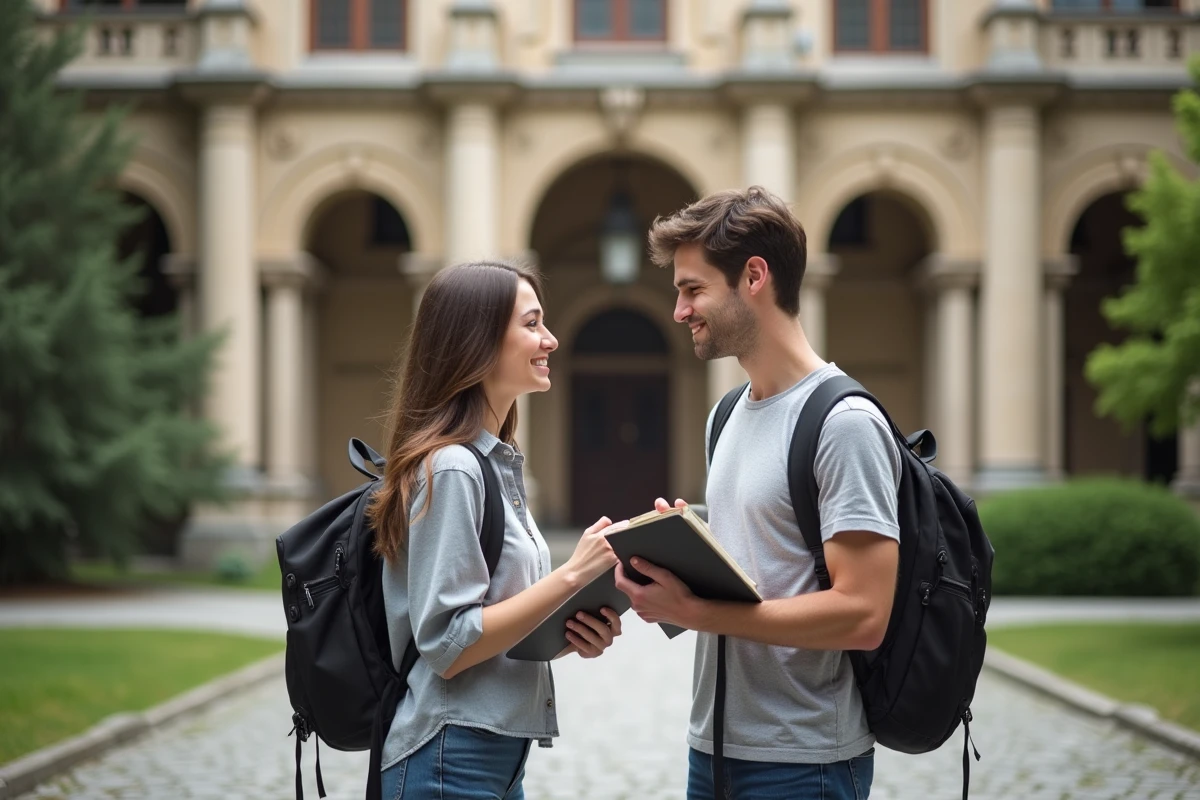 Jeune femme et homme souriants devant une universite europeenne