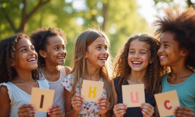 Jeunes filles souriantes tenant des cartes avec lettres dans un parc ensoleille