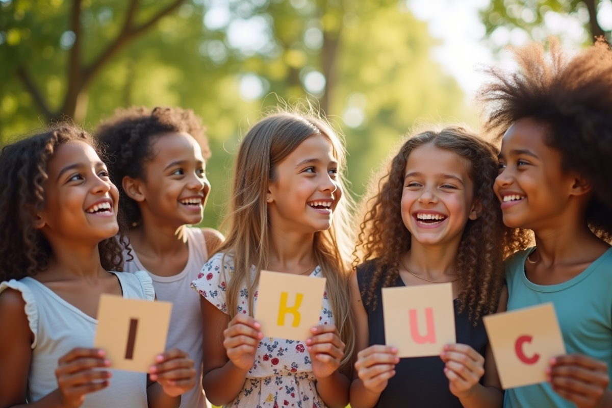 Jeunes filles souriantes tenant des cartes avec lettres dans un parc ensoleille