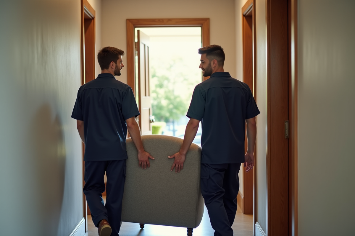 Deux jeunes professionnels déplacent un fauteuil dans un couloir