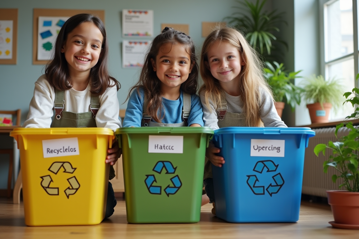 Jeunes en classe triant des déchets recyclables